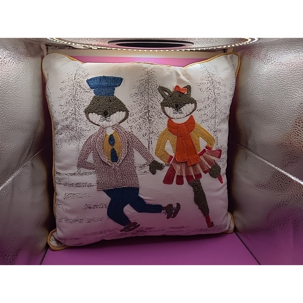 World Market Embroidered‎ Decorative Pillow Ice Skating Foxes